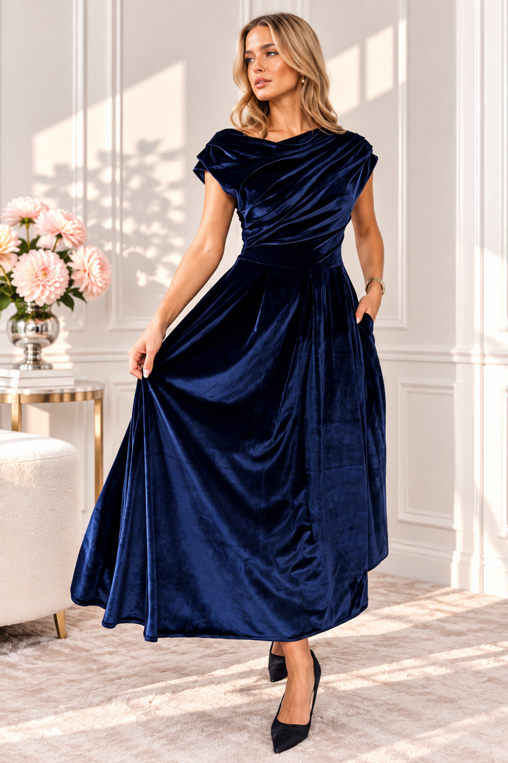 Betty Navy Velvet Asymmetric Neckline Skater Maxi Dress With Pockets