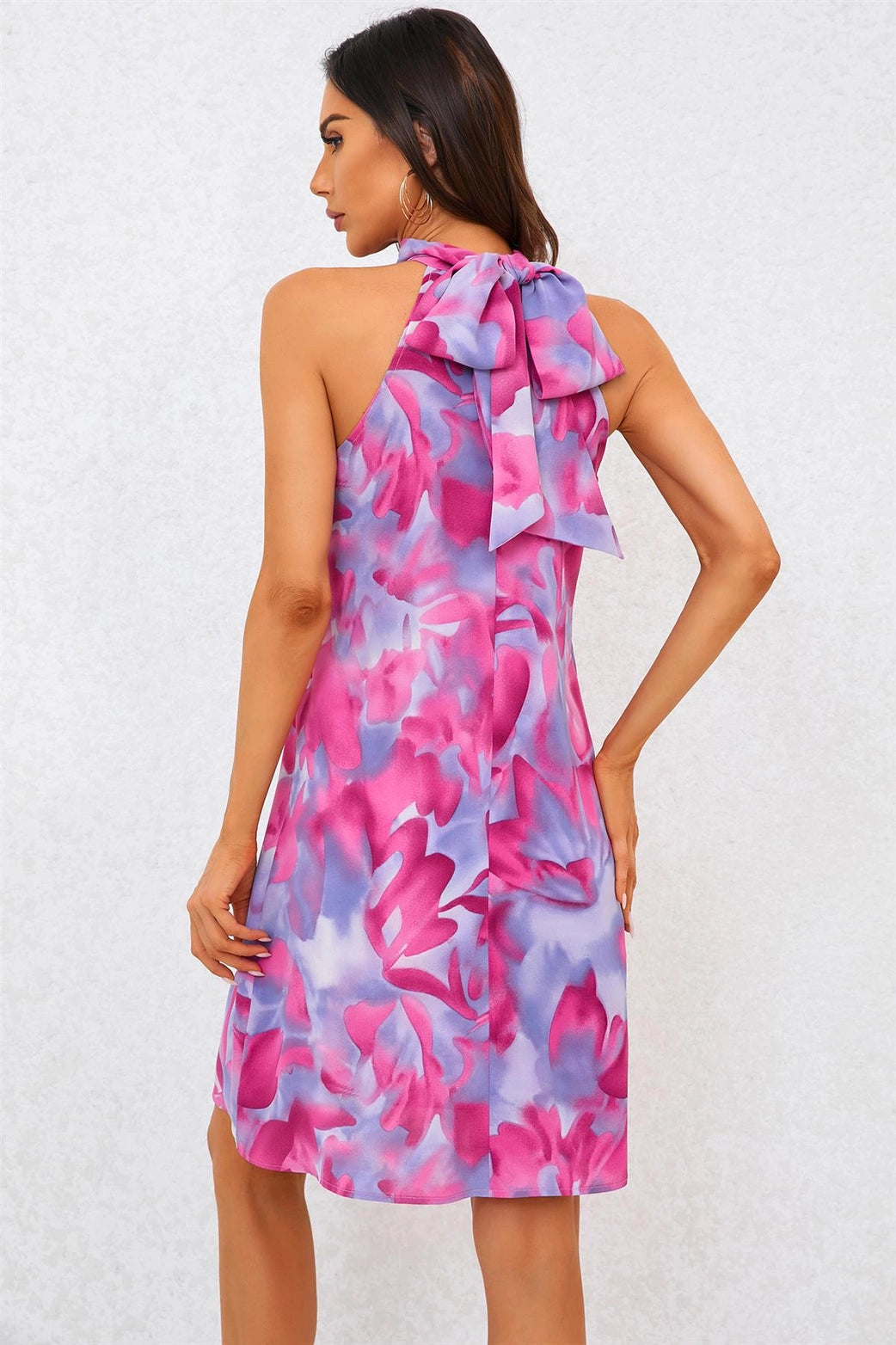 Gabriella Abstract Pink Floral Print Halter Neck Tie Back Mini Dress