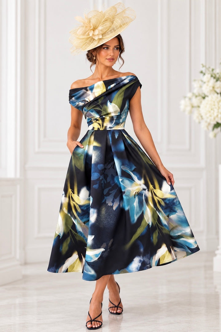 Betty Sapphire Floral Asymmetric Neckline Skater Maxi Dress With Pockets