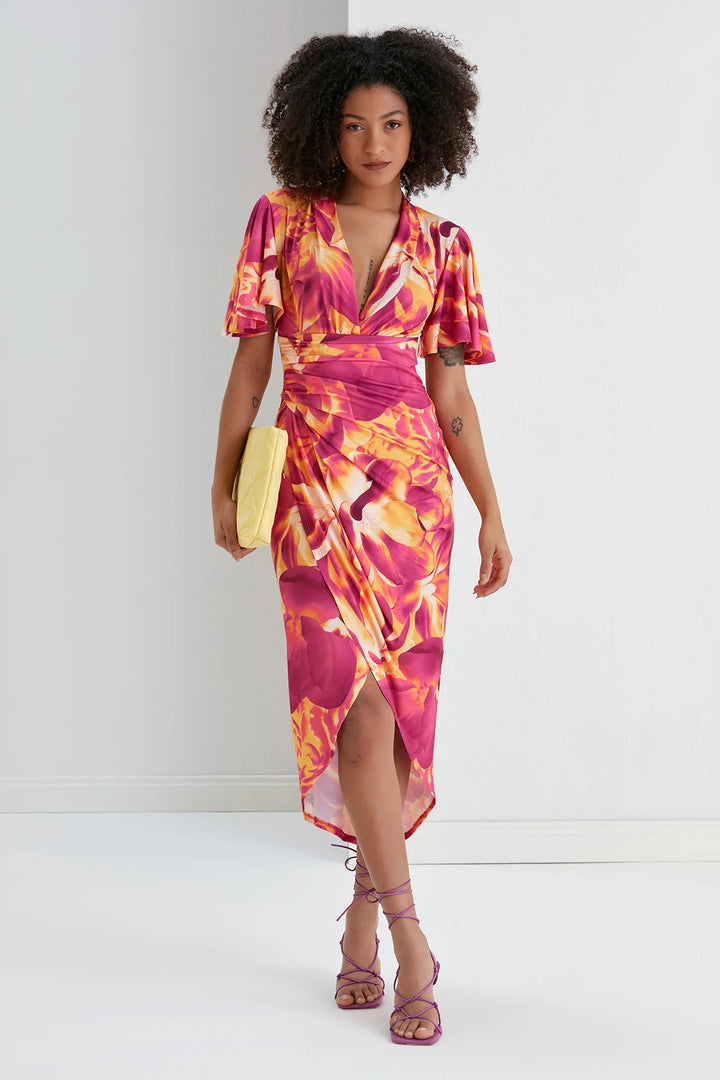 Manhattan Pink Swirl Angel Sleeve Bodycon Midi Dress