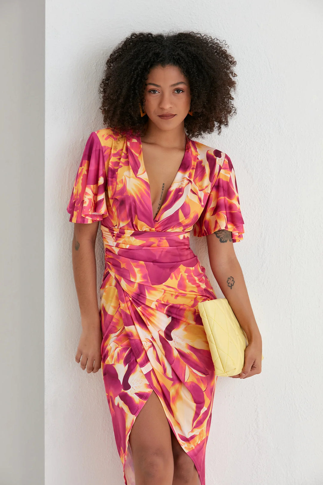 Manhattan Pink Swirl Angel Sleeve Bodycon Midi Dress