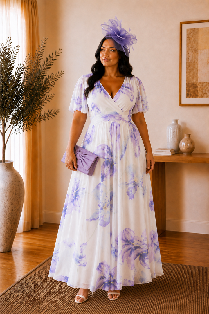 Isobel White & Lilac Floral Angel Sleeve Belted Mesh Maxi Dress - REGULAR LENGTH (3 LENGTHS)