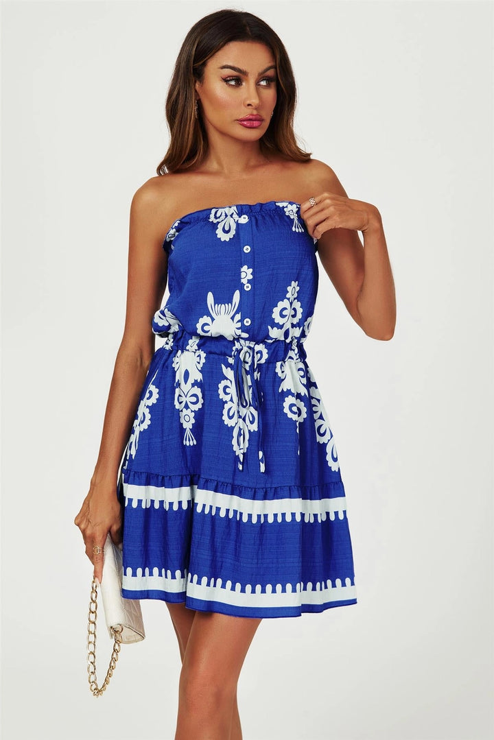 Carina Cobalt Blue Border Print Tie Waist Strapless Mini Dress