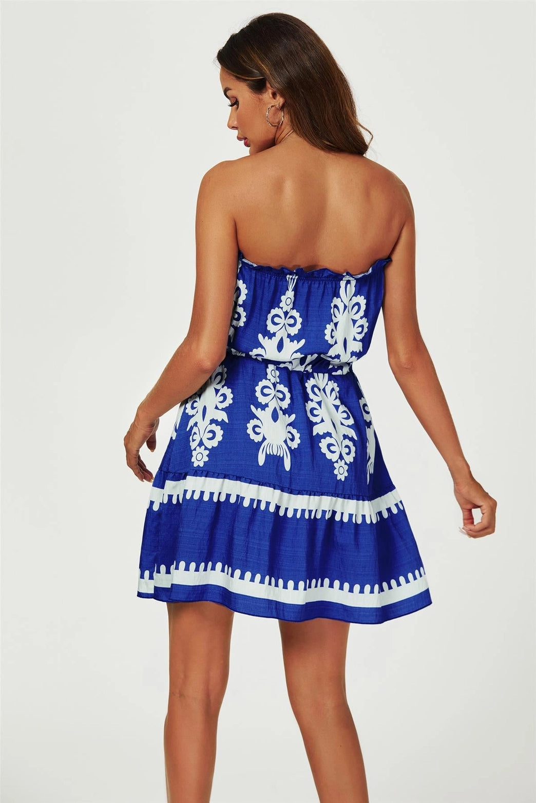 Carina Cobalt Blue Border Print Tie Waist Strapless Mini Dress