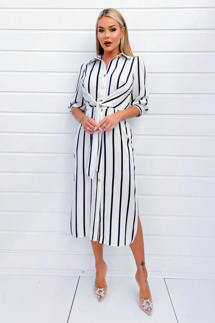 Cassandra Cream And Navy Striped Button Up 3/4 Sleeve Midi Shirt Dress