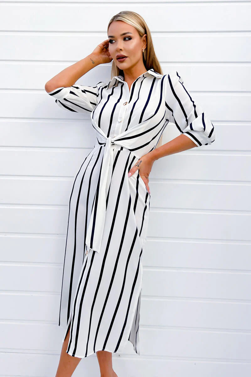 Cassandra Cream And Navy Striped Button Up 3/4 Sleeve Midi Shirt Dress