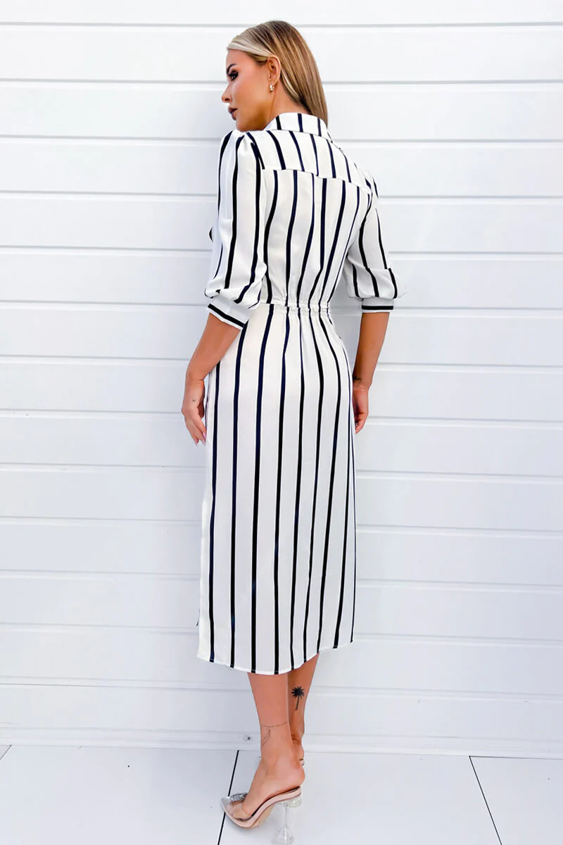Cassandra Cream And Navy Striped Button Up 3/4 Sleeve Midi Shirt Dress