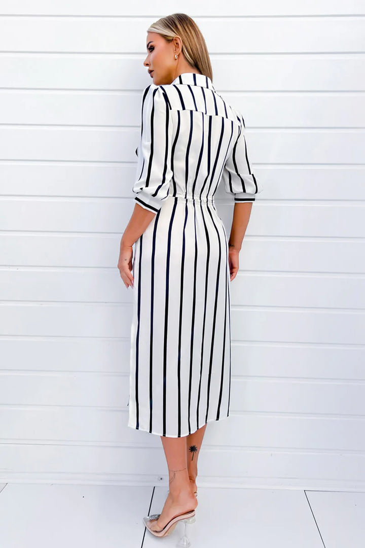 Cassandra Cream And Navy Striped Button Up 3/4 Sleeve Midi Shirt Dress