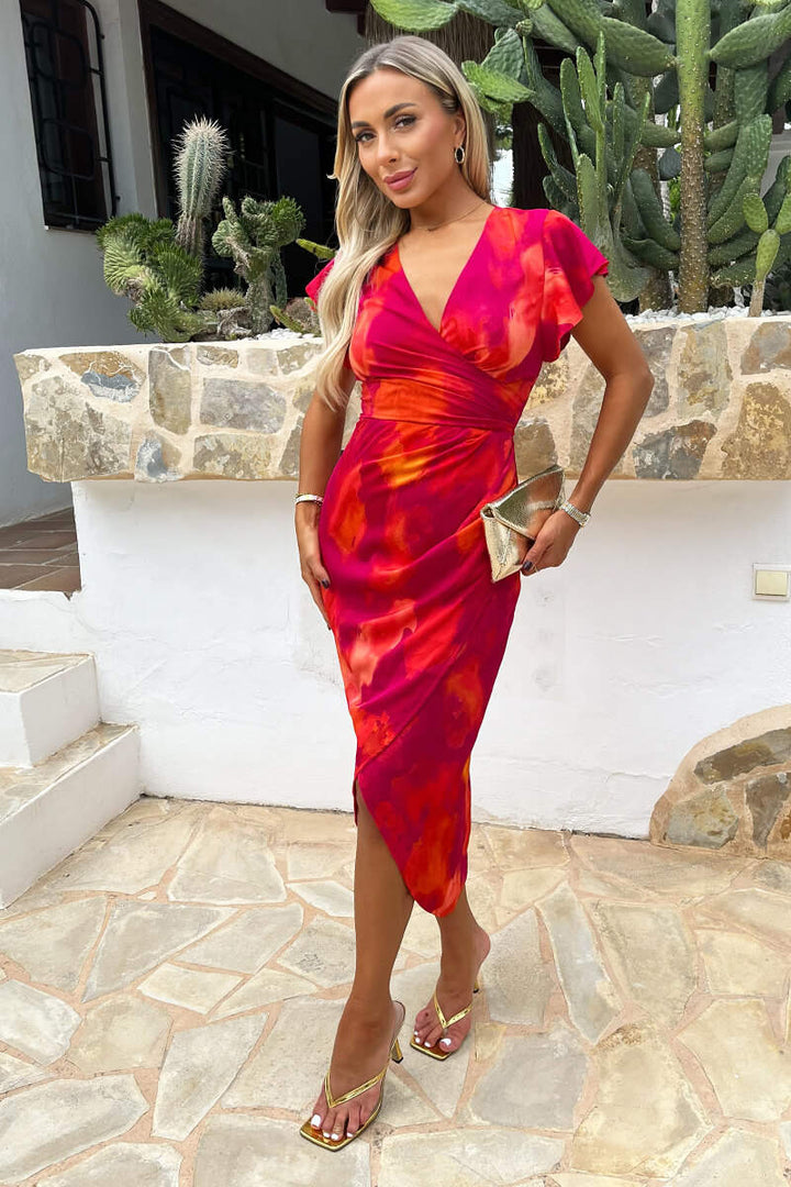 Saskia Pink And Orange Smudge Print Short Sleeve Bodycon Wrap Midi Dress - CHECK SIZING INFO