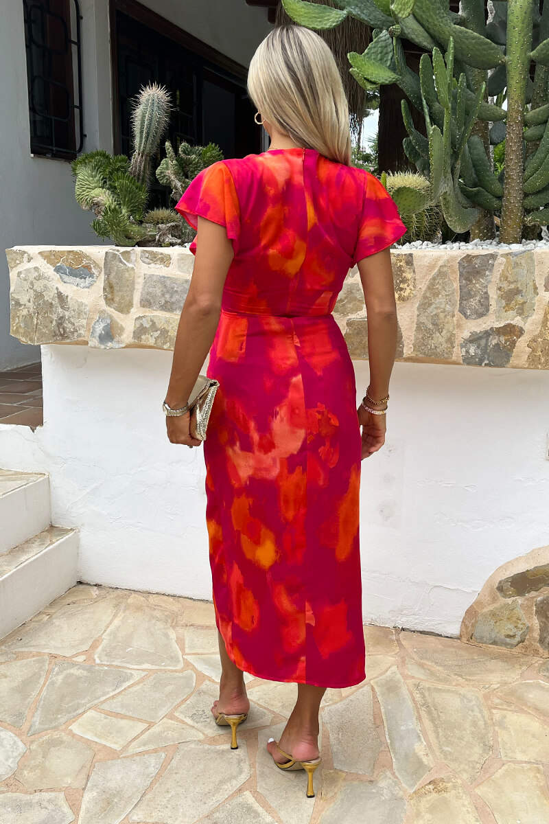 Saskia Pink And Orange Smudge Print Short Sleeve Bodycon Wrap Midi Dress - CHECK SIZING INFO