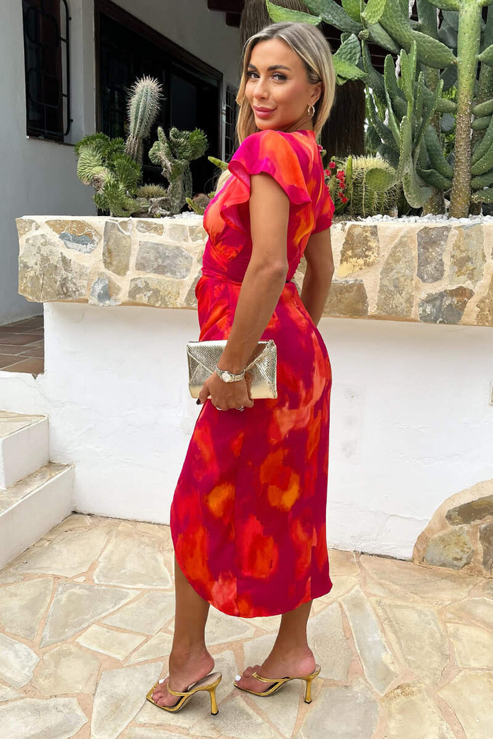 Saskia Pink And Orange Smudge Print Short Sleeve Bodycon Wrap Midi Dress - CHECK SIZING INFO