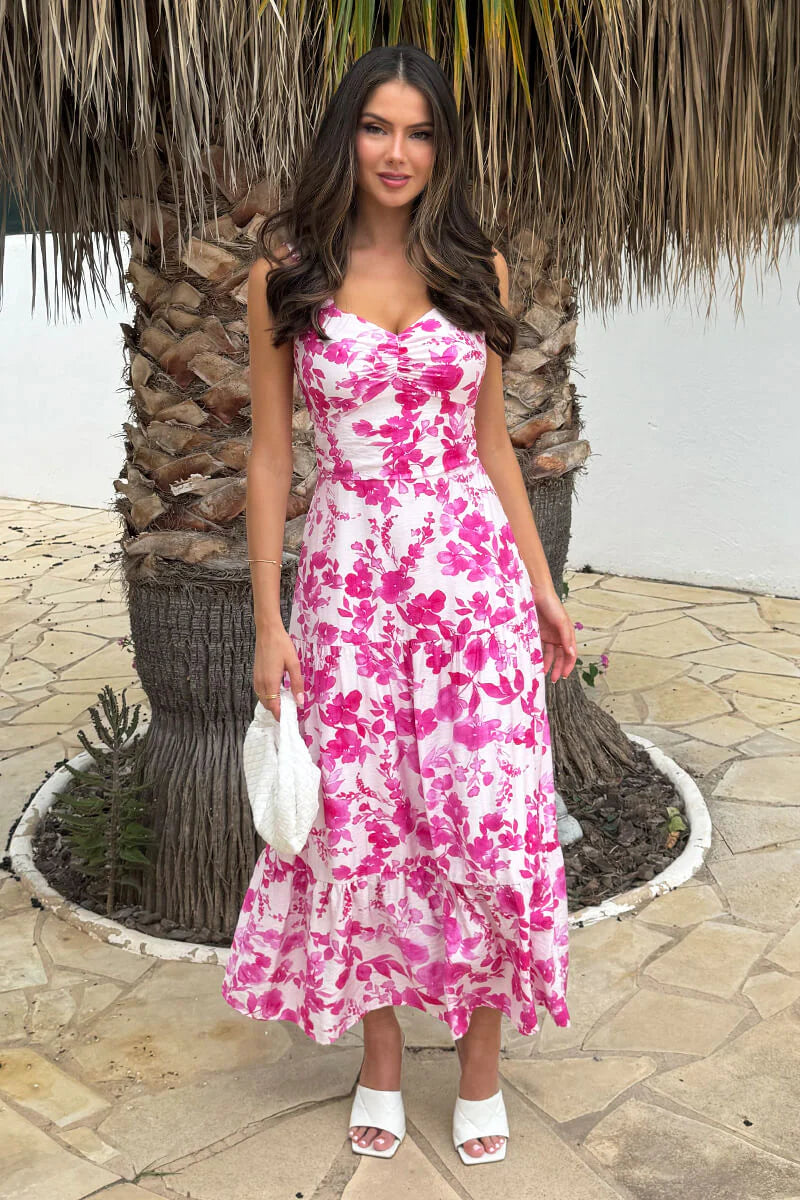 Caitlin Pink And White Floral Print Sweetheart Neck Tiered Maxi Dress