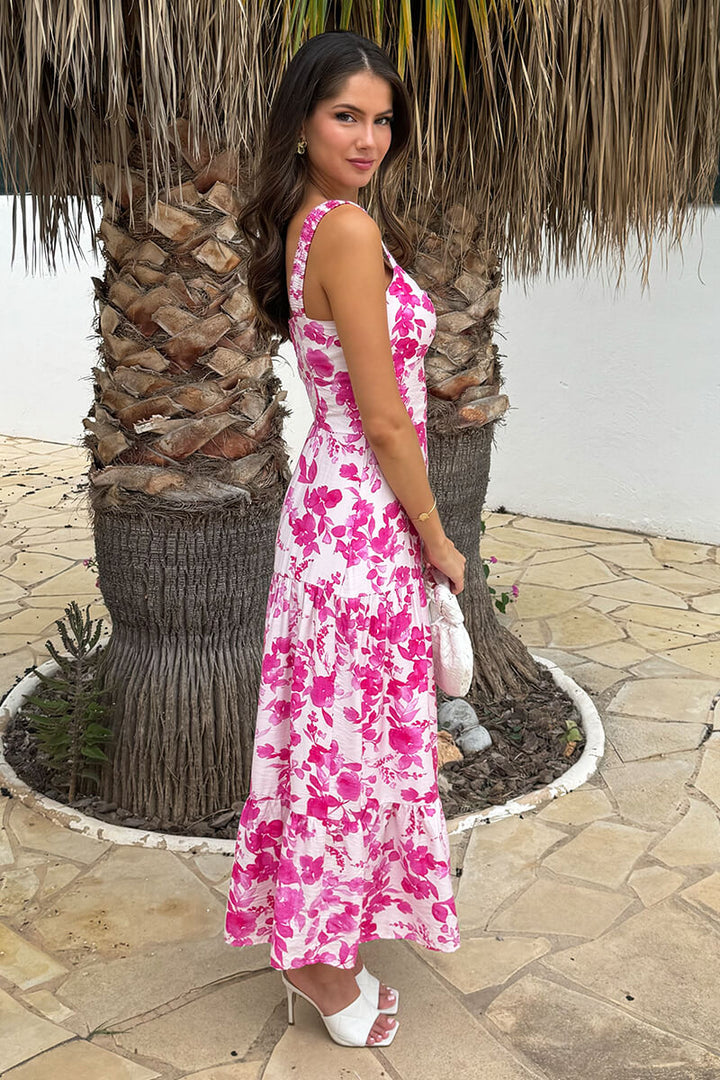 Caitlin Pink And White Floral Print Sweetheart Neck Tiered Maxi Dress