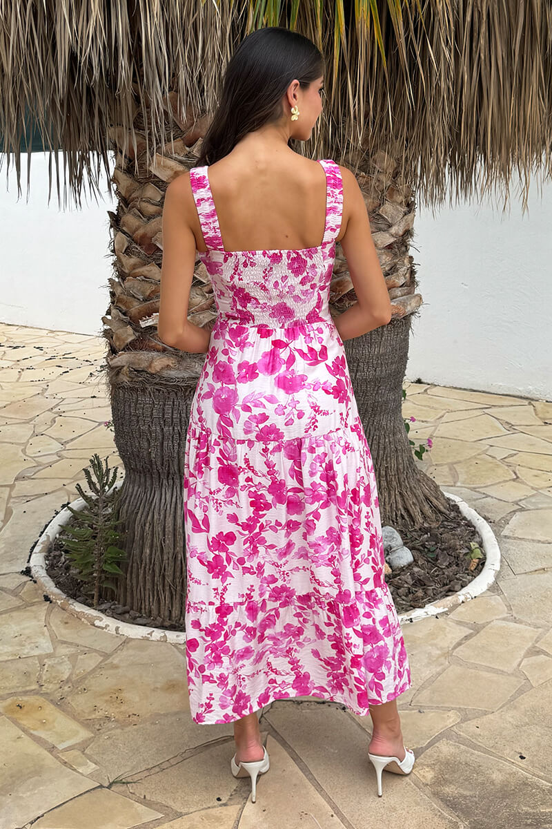 Caitlin Pink And White Floral Print Sweetheart Neck Tiered Maxi Dress