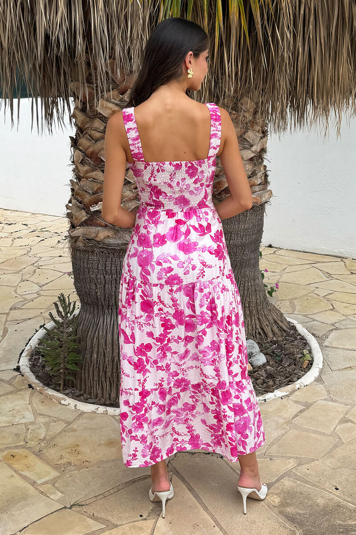 Caitlin Pink And White Floral Print Sweetheart Neck Tiered Maxi Dress