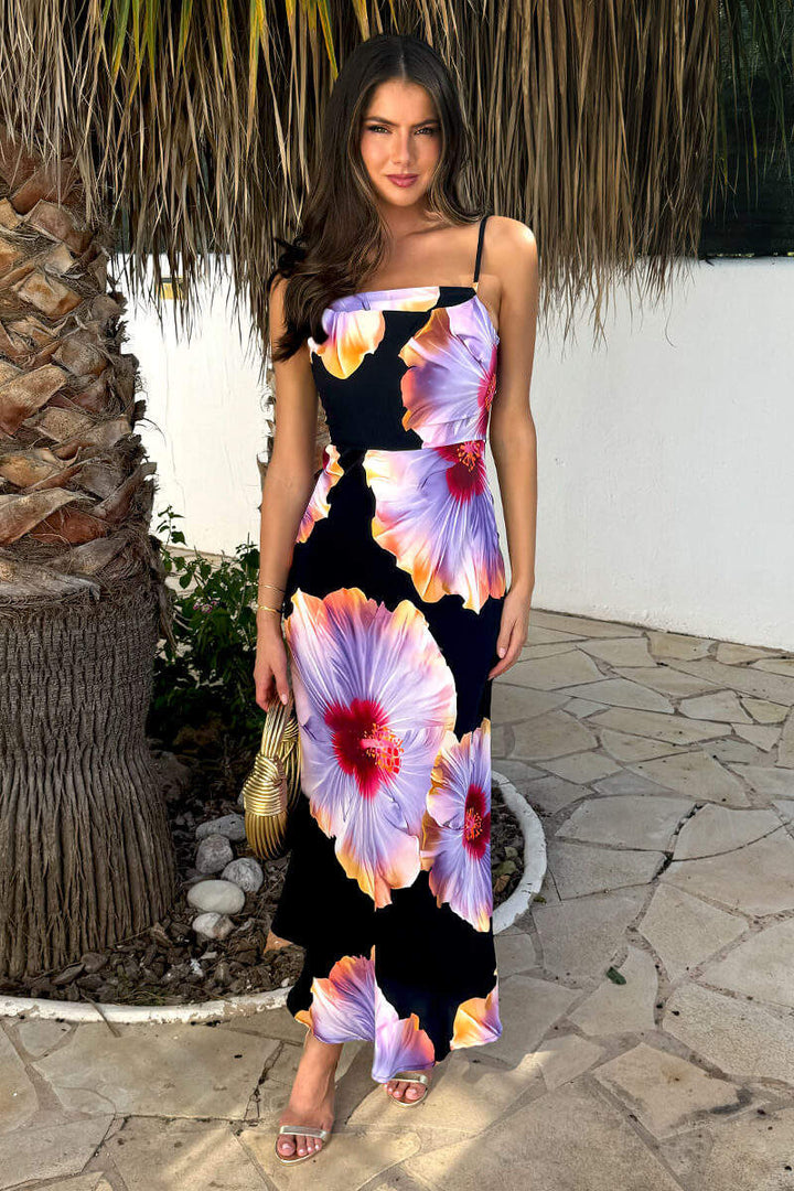 Sierah Black & Lilac Floral Print Strappy Bodycon Slip Maxi Dress