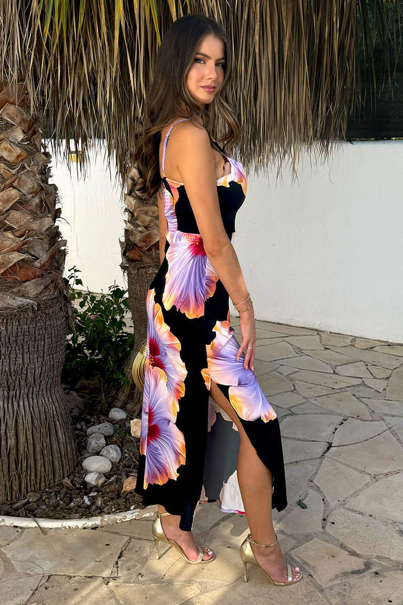 Sierah Black & Lilac Floral Print Strappy Bodycon Slip Maxi Dress