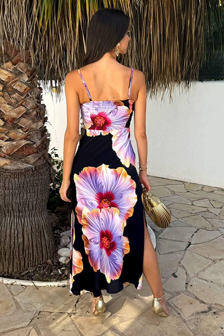 Sierah Black & Lilac Floral Print Strappy Bodycon Slip Maxi Dress