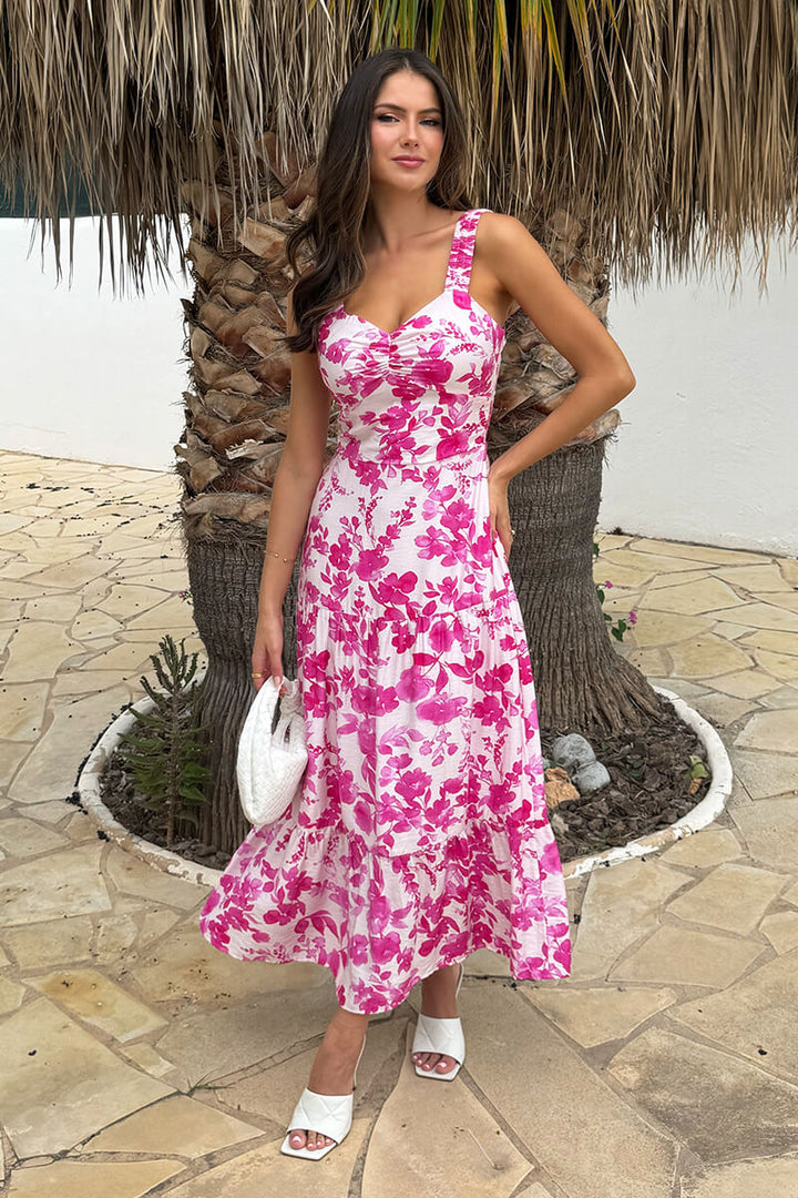 Caitlin Pink And White Floral Print Sweetheart Neck Tiered Maxi Dress
