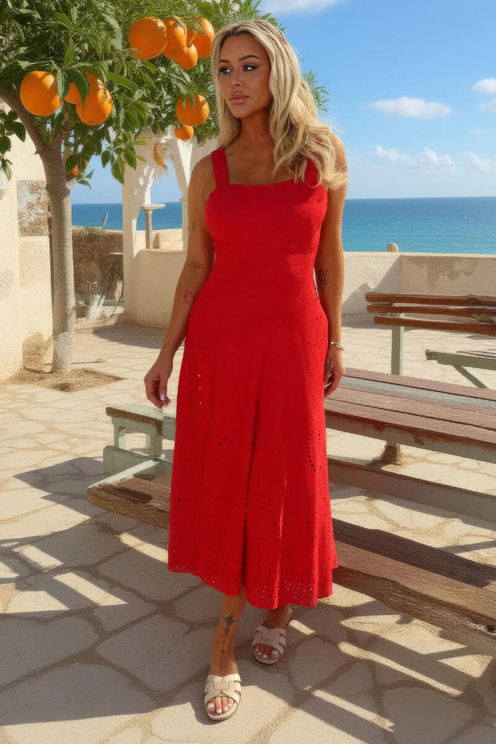 Charlotte Red Broderie Shirred Straps Button Detail Midi Dress
