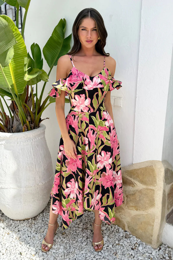 Lexie Pink Tropical Flower Print Cold Shoulder Hanky Hem Midi Dress