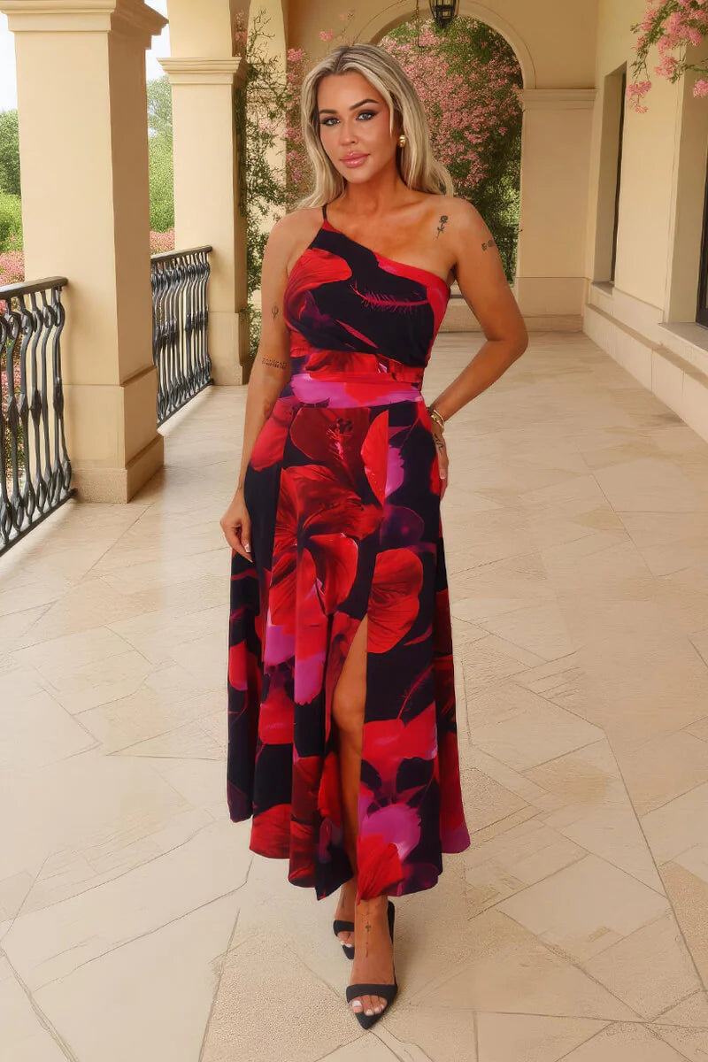 Rachel Black & Red Floral Print One Shoulder Ruched Waist Maxi Dress