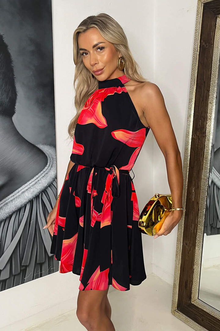 Aria Black And Coral Floral Print Halter Neck Belted Mini Dress