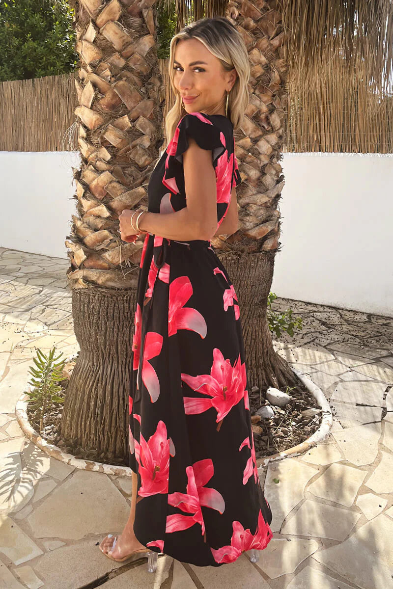 Dionne Black & Cerise Floral Short Sleeve Belted Dip Hem Midi Dress