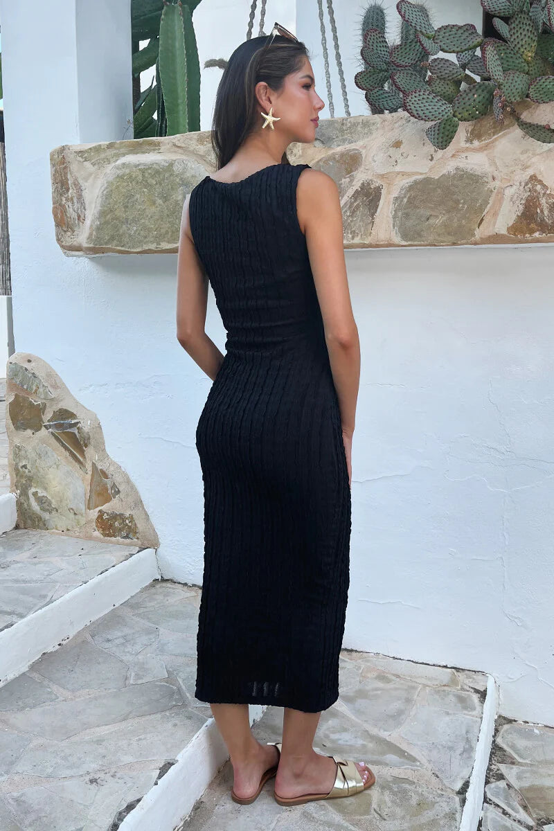 Britney Black Textured Asymmetric Neckline Bodycon Midi Dress