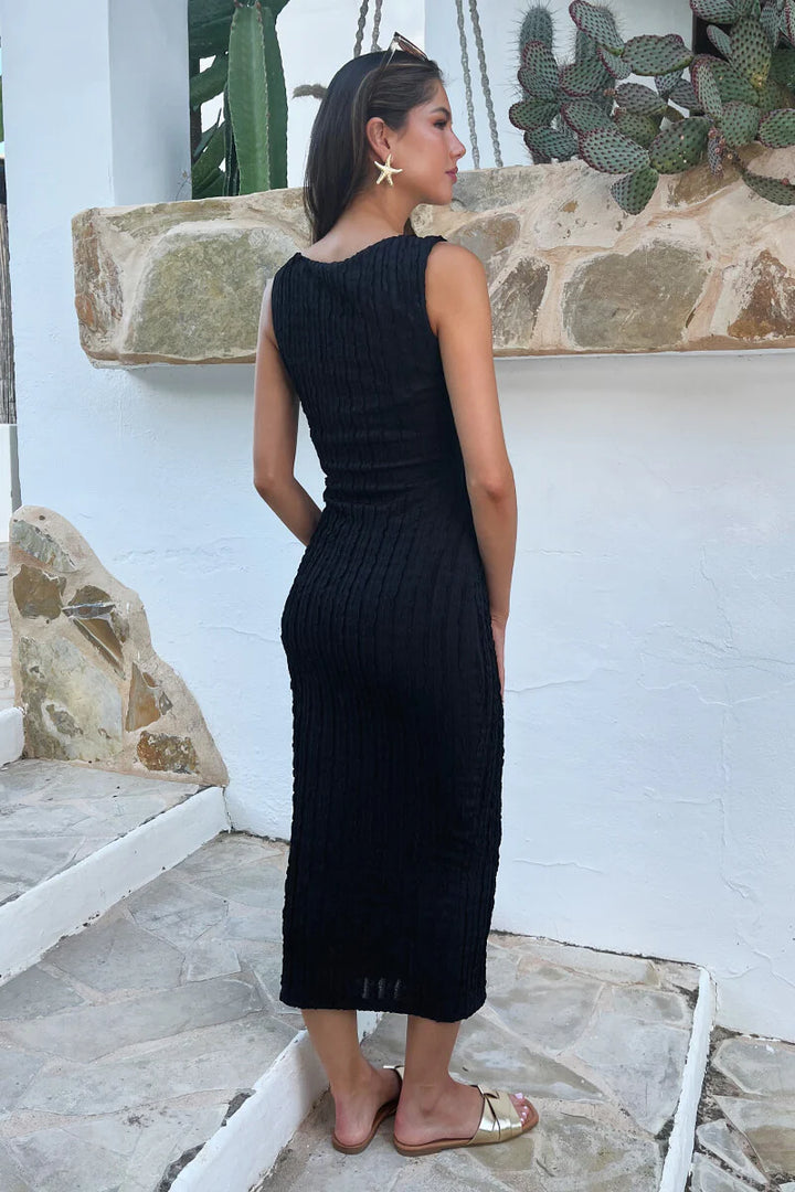 Britney Black Textured Asymmetric Neckline Bodycon Midi Dress