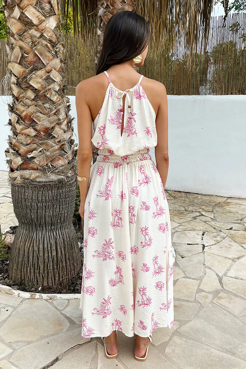Macy Pink And Cream Beach Print Tie Racer Neck Shirred Waist Maxi Dress