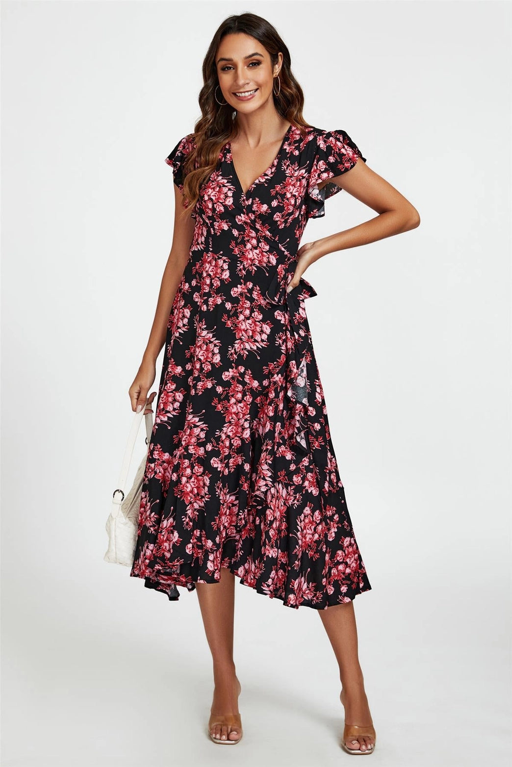 Nikki Black & Pink Floral True Wrap Short Sleeve Midi Dress