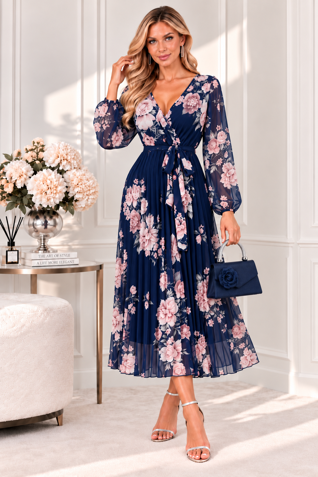 Amalfi Coast Navy & Pink Floral Chiffon Long Sleeve Pleated Belted Maxi Dress