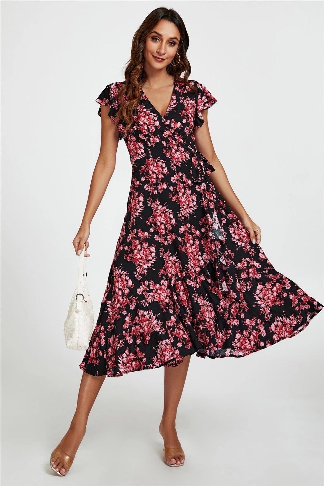 Nikki Black & Pink Floral True Wrap Short Sleeve Midi Dress