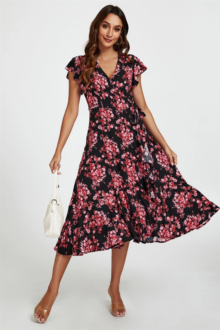 Nikki Black & Pink Floral True Wrap Short Sleeve Midi Dress