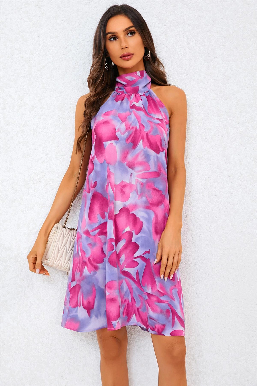 Gabriella Abstract Pink Floral Print Halter Neck Tie Back Mini Dress