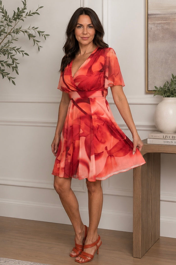 Isobel Coral Abstract Angel Sleeve Belted Mesh Mini Dress - MINI LENGTH (3 LENGTHS)