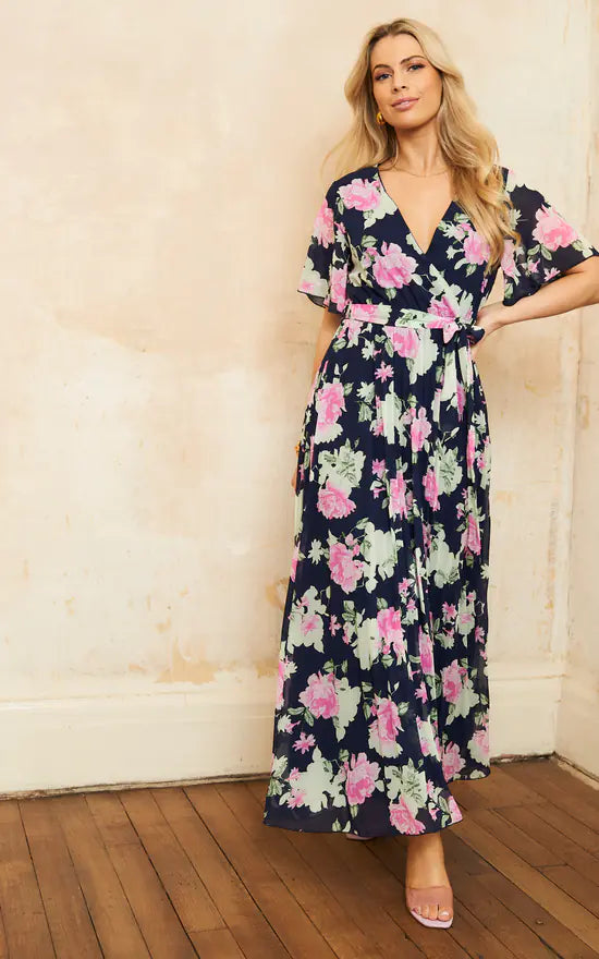 Tasmin Chiffon Navy Floral Short Sleeve Pleated Belted Maxi Dress