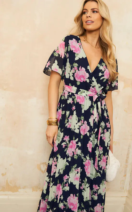 Tasmin Chiffon Navy Floral Short Sleeve Pleated Belted Maxi Dress
