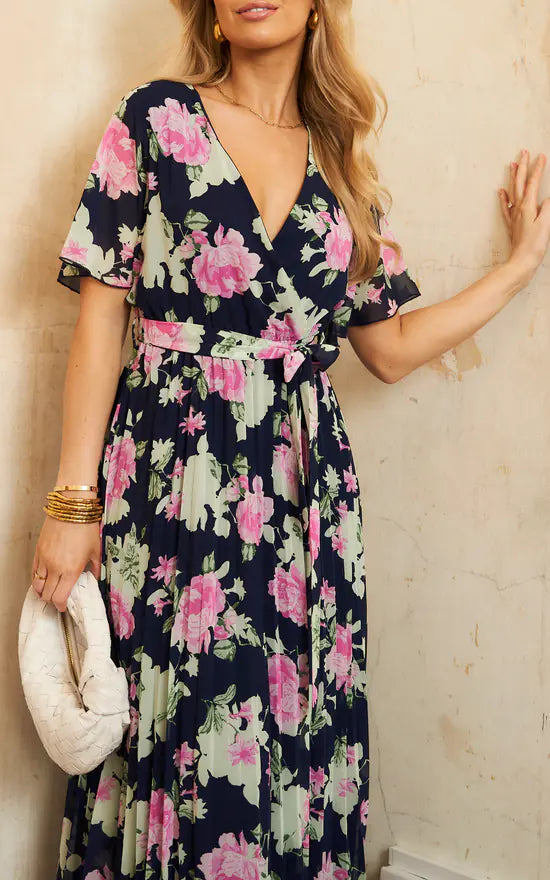 Tasmin Chiffon Navy Floral Short Sleeve Pleated Belted Maxi Dress