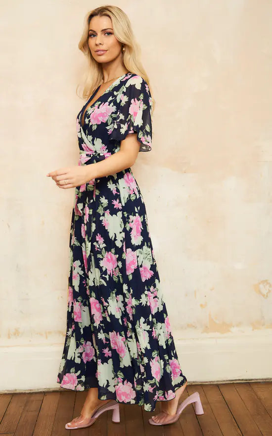 Tasmin Chiffon Navy Floral Short Sleeve Pleated Belted Maxi Dress