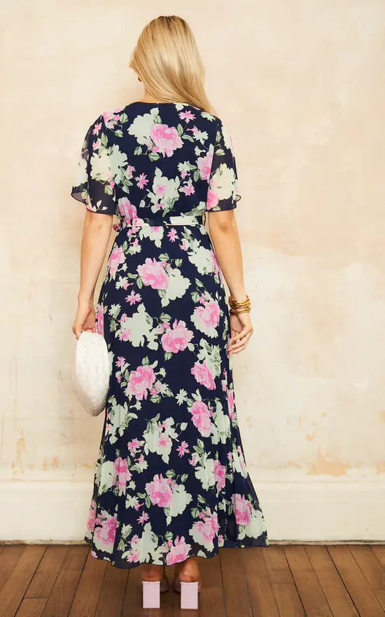 Tasmin Chiffon Navy Floral Short Sleeve Pleated Belted Maxi Dress