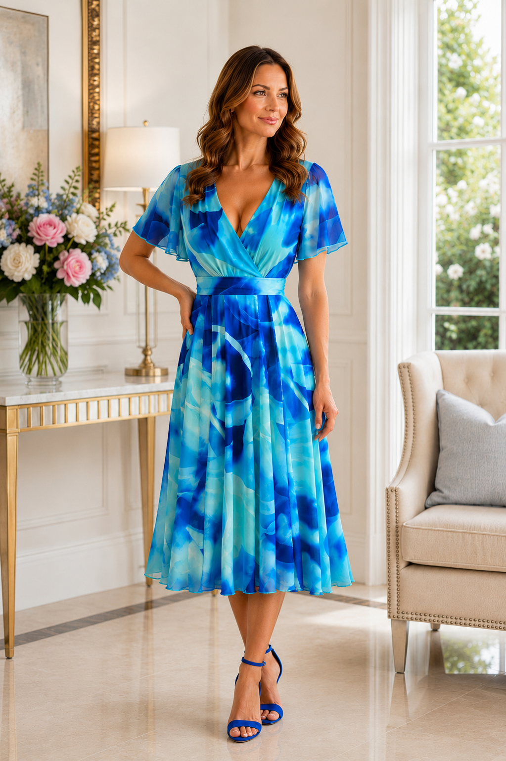Isobel Blue Abstract Angel Sleeve Belted Mesh Maxi Dress - PETITE LENGTH (3 LENGTHS)