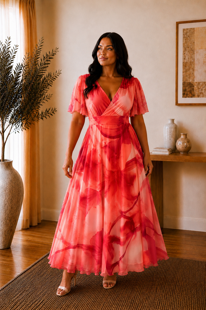 Isobel Coral Abstract Angel Sleeve Belted Mesh Maxi Dress - REGULAR LENGTH (3 LENGTHS)