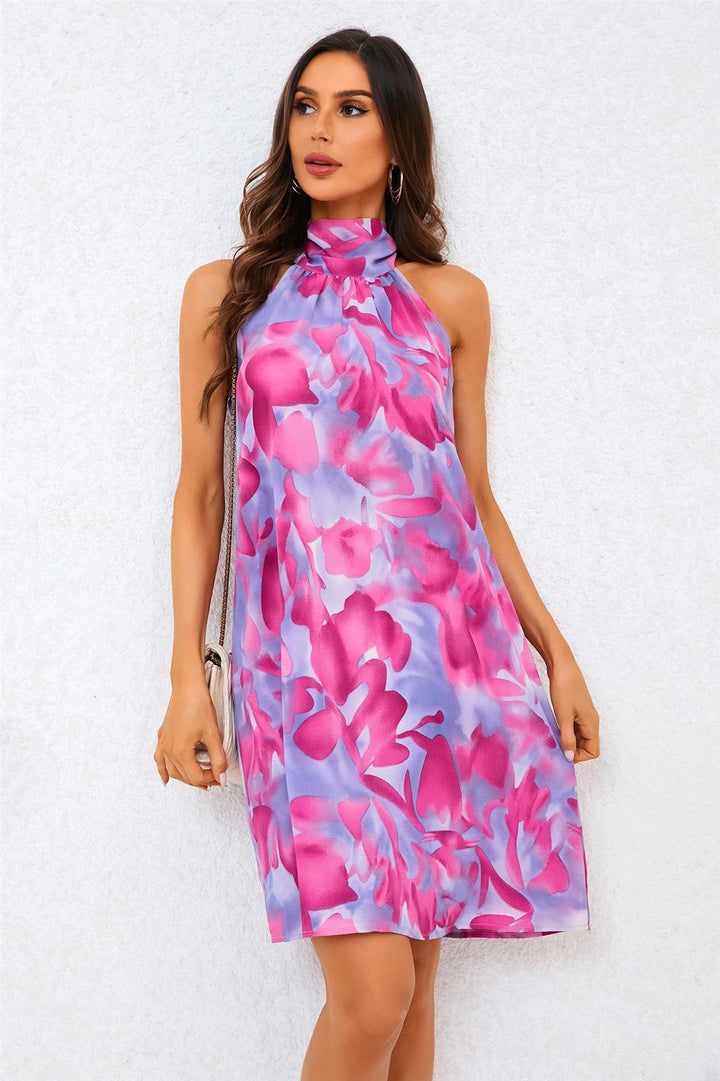 Gabriella Abstract Pink Floral Print Halter Neck Tie Back Mini Dress