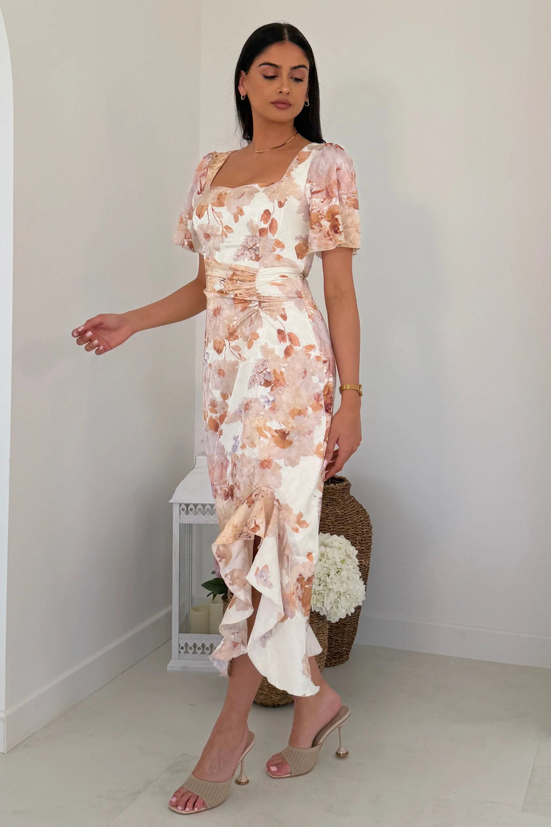Heidi Brown Floral Ruched Short Sleeve Midi Dress