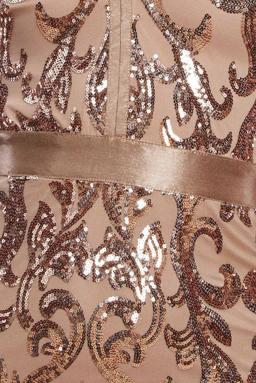 Anwen Champagne Gold Sequin Long Sleeve Bodycon Maxi Dress BY GODDIVA