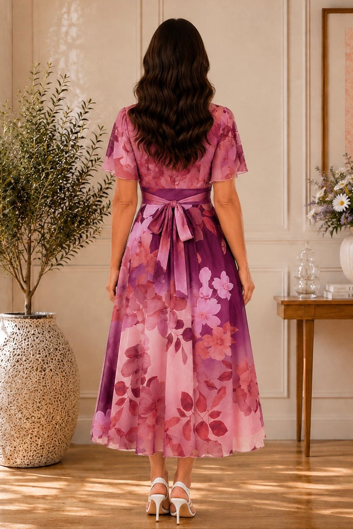 Isobel Plum Floral Angel Sleeve Belted Maxi Dress - PETITE LENGTH (3 LENGTHS)