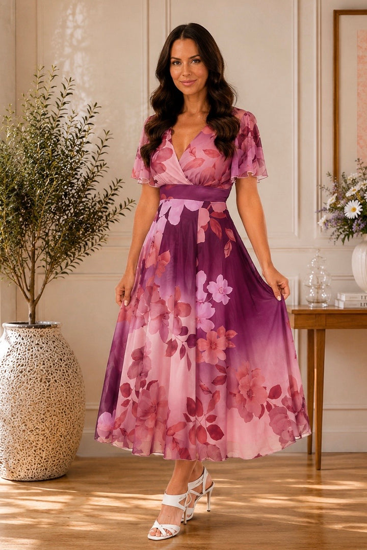 Isobel Plum Floral Angel Sleeve Belted Maxi Dress - PETITE LENGTH (3 LENGTHS)