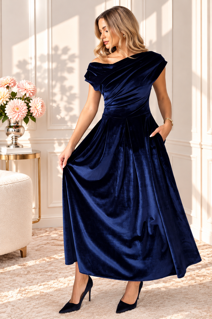 Betty Navy Velvet Asymmetric Neckline Skater Maxi Dress With Pockets